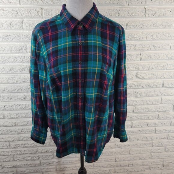 Lands End Women Top 1X Plus Long Sleeve Green Yellow Plaid Flannel PLA10E - Picture 1 of 10